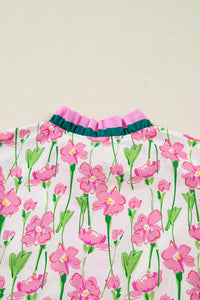 KaleaBoutique Floral Print Contrast Trim V Neck Double Ruffled Short Sleeve Blouse - KaleaBoutique.com