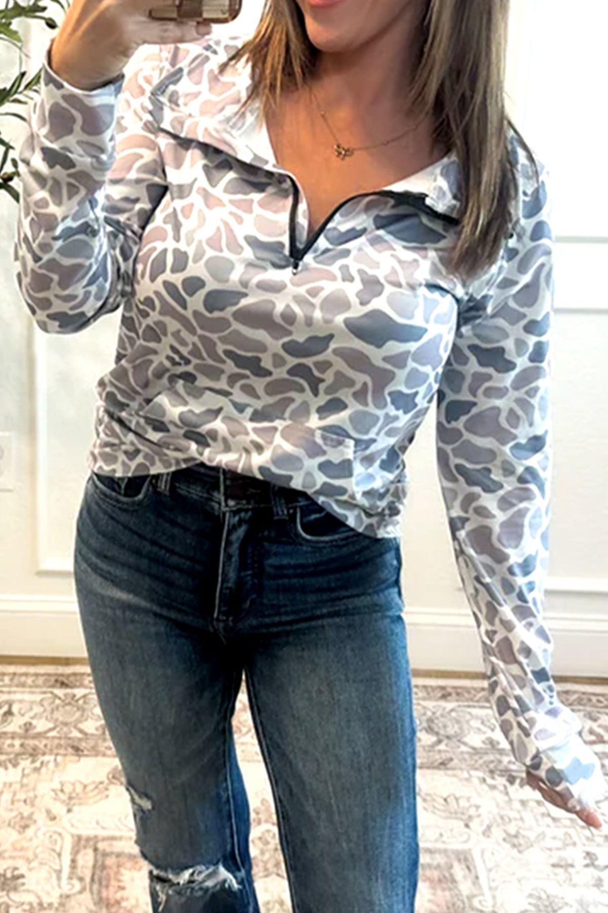 Camouflage Print Kangaroo Pocket Zip Collar Pullover Sweatshirt - KaleaBoutique.com