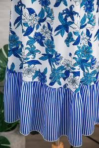 KaleaBoutique Stylish Floral Print U Neck Sleeveless Striped Ruffle Hem Patchwork Dress - KaleaBoutique.com