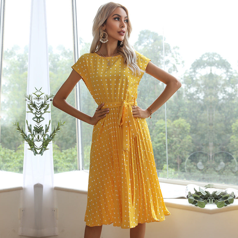 Women's Polka-Dot Round-Neck Tie-Waist Midi Dress - KaleaBoutique.com