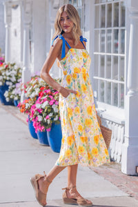 KaleaBoutique Comfortable Floral Print Contrast Stitched Knot Denim Straps High Waist Dress - KaleaBoutique.com