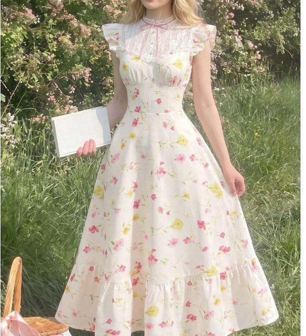 Women's Lace-Yoke Flutter-Sleeve Ruffle-Hem Midi Dress - KaleaBoutique.com
