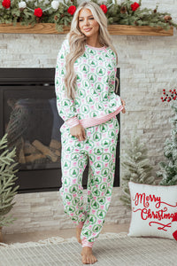 KaleaBoutique Comfortable Bow Christmas Tree Print Contrast Striped Banding 2pcs Lounge Set - KaleaBoutique.com