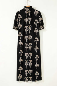 KaleaBoutique Comfortable Floral Print Frilled Collar Short Puff Sleeve Maxi Dress - KaleaBoutique.com