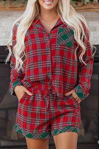 KaleaBoutique Comfortable Dearlovers Plaid Contrast Patched Christmas Holiday Long Sleeve Shirt and Short 2pcs Pajama Set - KaleaBoutique.com