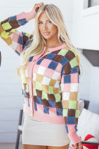 KaleaBoutique Stylish Plush Checkered Pattern Button Front Cardigan Sweater - KaleaBoutique.com