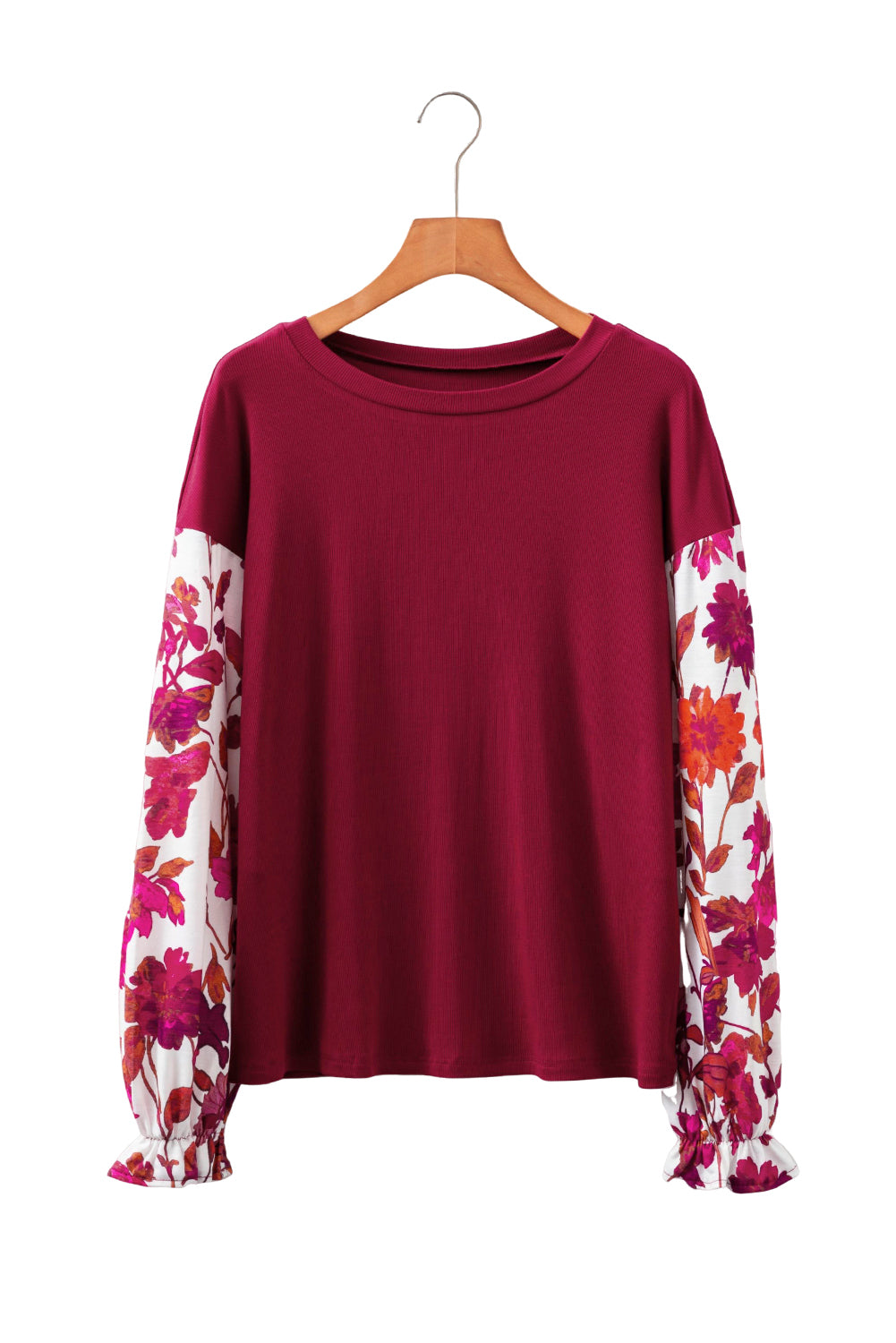 Contrast Floral Sleeve Solid Ribbed Body Patchwork Long Sleeve Top - KaleaBoutique.com