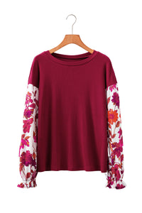 Contrast Floral Sleeve Solid Ribbed Body Patchwork Long Sleeve Top - KaleaBoutique.com