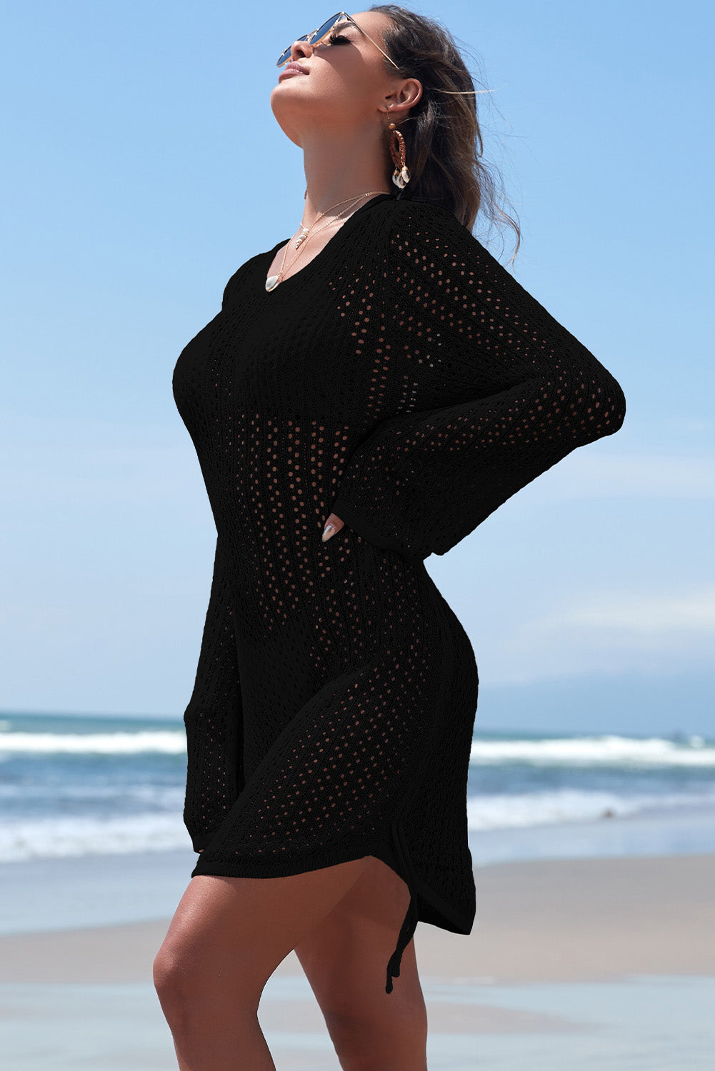 Hollowout Knit Bell Sleeve Drawstring Short Beach dress - KaleaBoutique.com