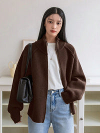 Women's Full-Zip Ribbed-Collar Tight Knit Cardigan - KaleaBoutique.com