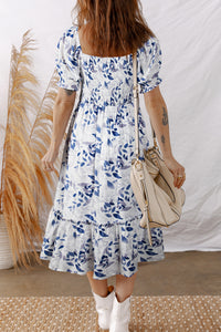 Smocked Bodice Short Puff Sleeve Tiered Floral Midi Dress - KaleaBoutique.com