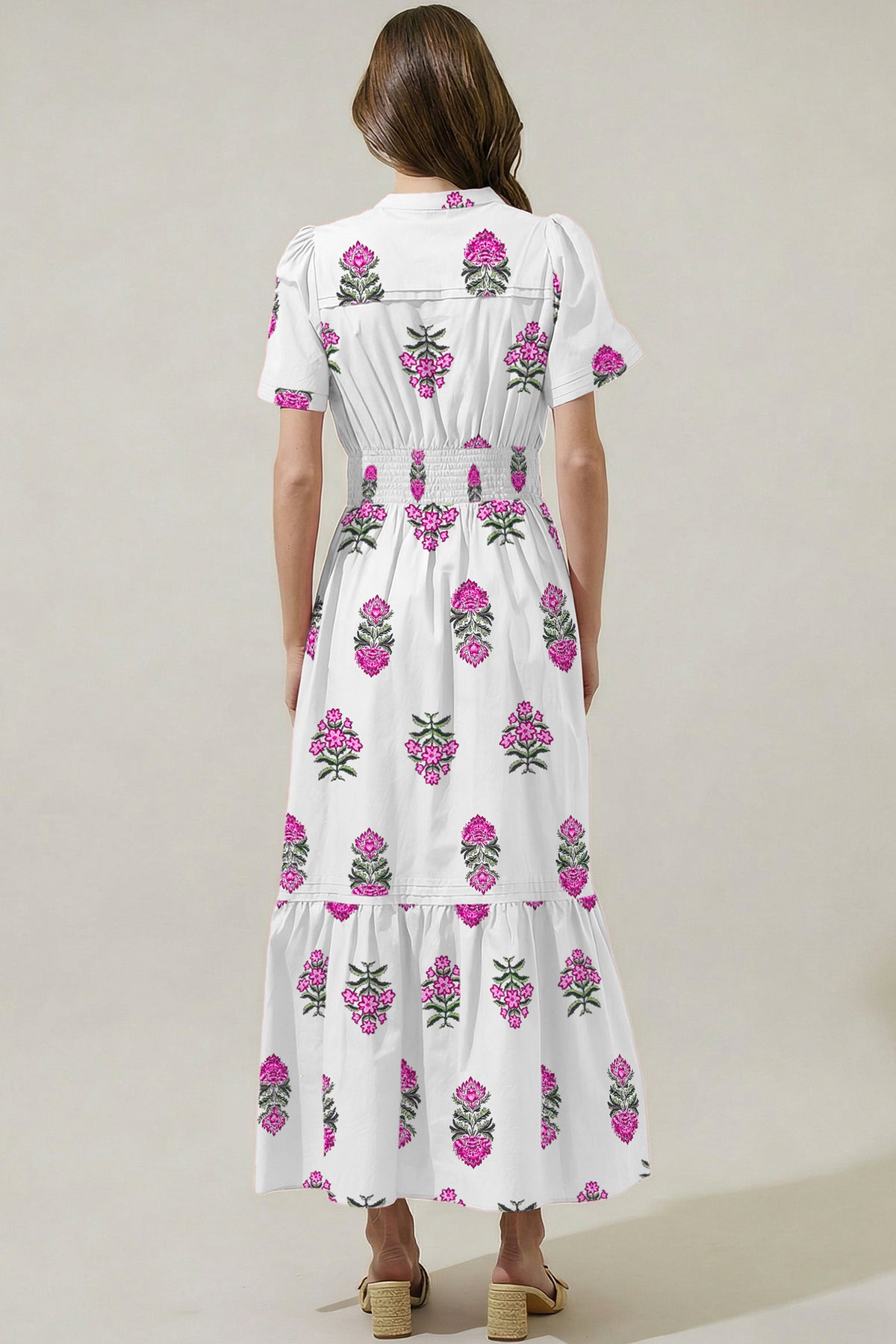 KaleaBoutique Stylish Floral Print Split Neck Shirred High Waist Ruffle Hem Maxi Dress - KaleaBoutique.com