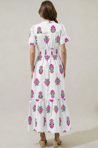KaleaBoutique Stylish Floral Print Split Neck Shirred High Waist Ruffle Hem Maxi Dress - KaleaBoutique.com