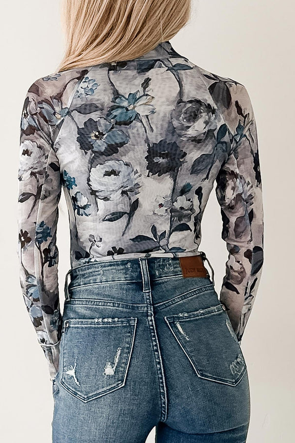 KaleaBoutique Stylish Floral Mesh High Neck Long Sleeve Sheath Top - KaleaBoutique.com