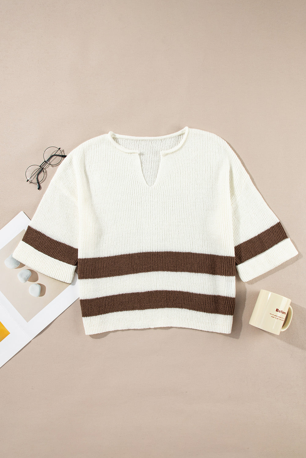 KaleaBoutique Stylish Brown Striped Accent Notched V Neck Cropped Sweater T Shirt - KaleaBoutique.com