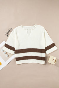 KaleaBoutique Stylish Brown Striped Accent Notched V Neck Cropped Sweater T Shirt - KaleaBoutique.com