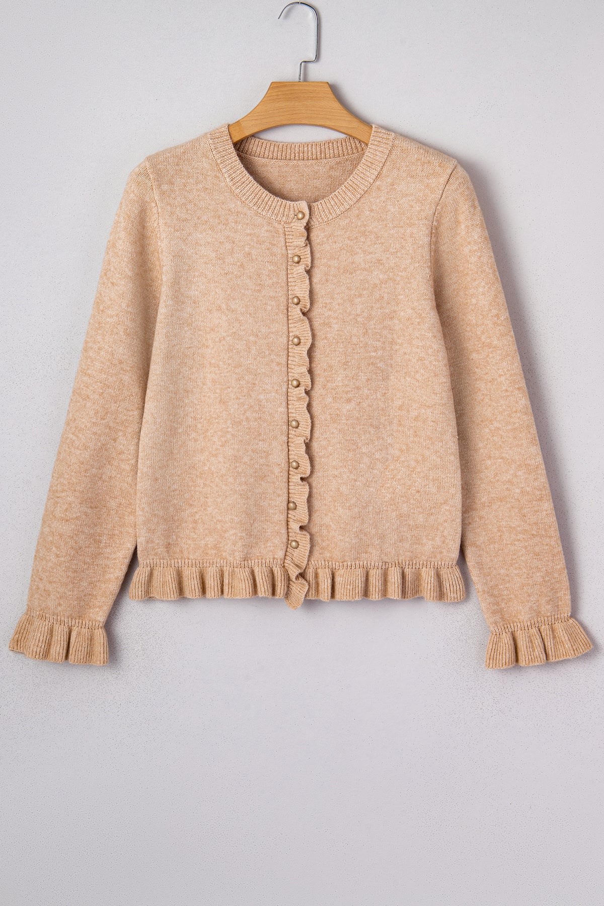 KaleaBoutique Comfortable Ruffle Trim Gold Button Sweater Cardigan - KaleaBoutique.com