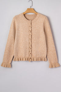 KaleaBoutique Comfortable Ruffle Trim Gold Button Sweater Cardigan - KaleaBoutique.com