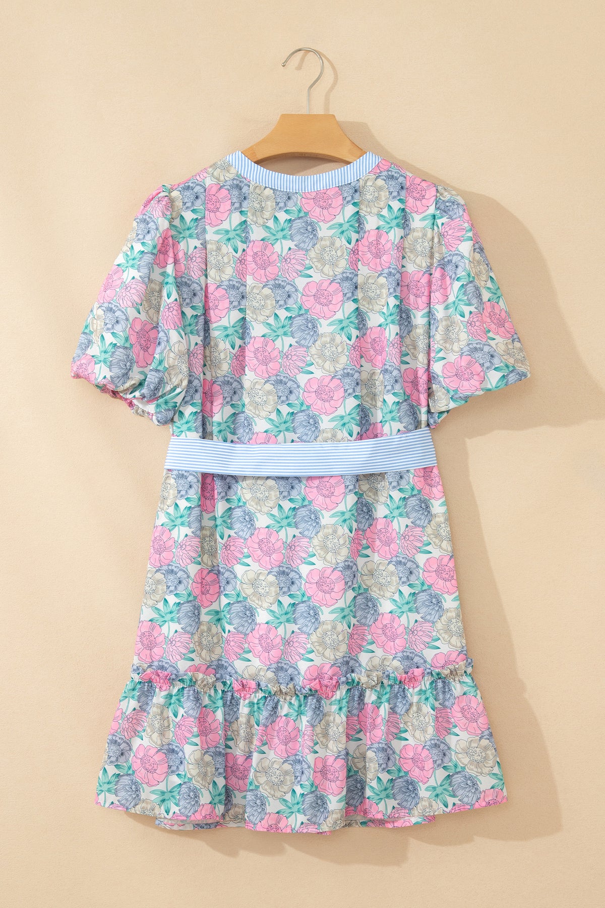 KaleaBoutique Stylish Floral Print Striped Contrast Trim Belted Short Dress - KaleaBoutique.com
