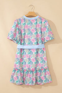KaleaBoutique Stylish Floral Print Striped Contrast Trim Belted Short Dress - KaleaBoutique.com