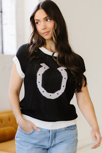 KaleaBoutique Comfortable Horse Shoe Pattern Contrast Trim Short Sleeve Sweater - KaleaBoutique.com