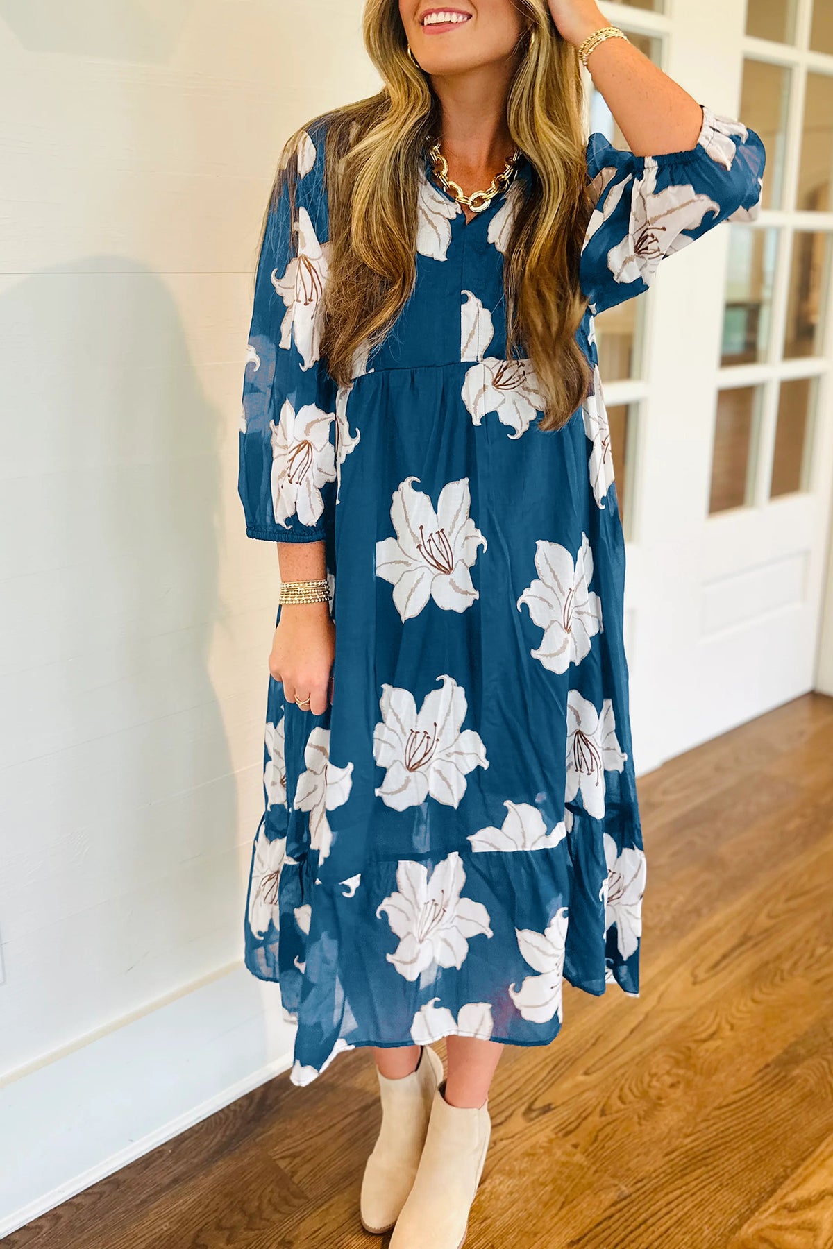 KaleaBoutique Comfortable Floral Print Shirt Collar V Neck 3/4 Sleeve Shift Midi Dress - KaleaBoutique.com