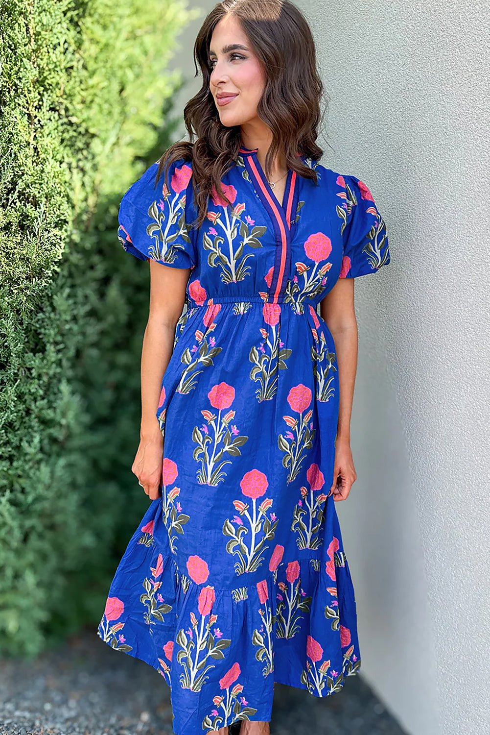 Floral Puff Short Sleeve V Neck High Waist Maxi Dress - KaleaBoutique.com