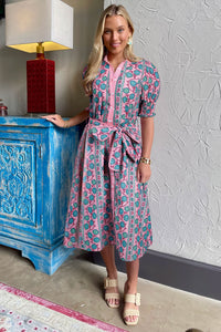 KaleaBoutique Stylish Floral Shirred Puff Sleeve Buttoned Front Midi Dress with Sash - KaleaBoutique.com