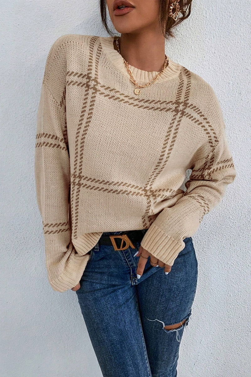 KaleaBoutique Plaid Pattern Knitted Drop Shoulder Sweater - KaleaBoutique.com