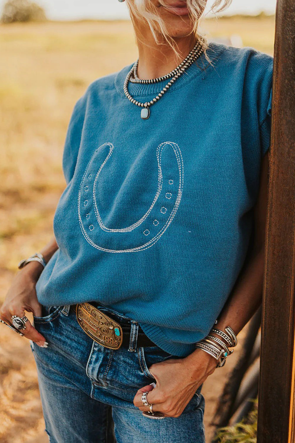 KaleaBoutique Comfortable Horse Shoe Embroidered Loose Short Sleeve Sweater - KaleaBoutique.com