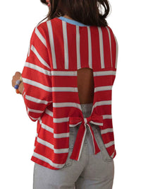 Women’s Red Striped Cotton Lace-Up Blouse - KaleaBoutique.com