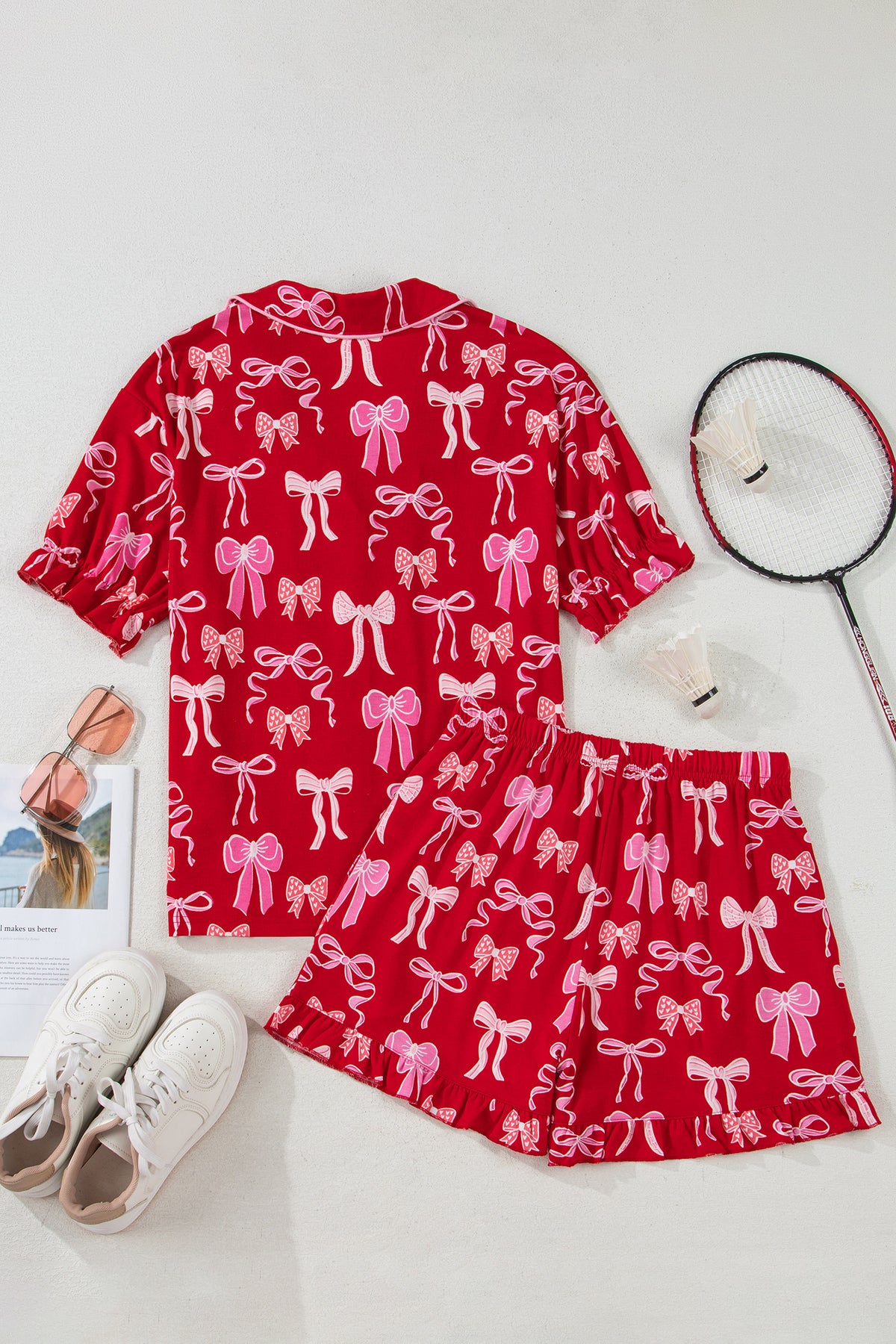 KaleaBoutique Stylish Sweet Bow Print Ruffled Short Sleeve Shirt Shorts 2pcs Pajama Set - KaleaBoutique.com