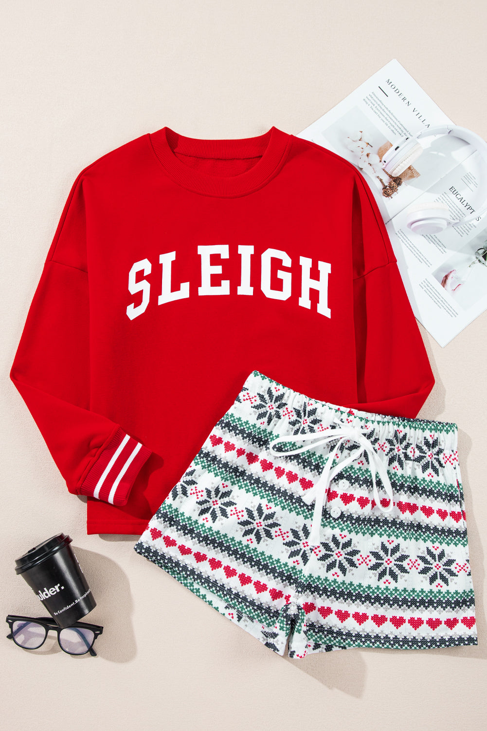 KaleaBoutique Stylish SLEIGH Snowflake Print Long Sleeve Wide Leg Lounge Set - KaleaBoutique.com