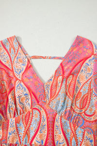 KaleaBoutique Comfortable Paisley Print V-Neck Short Sleeve Boho Maxi Dress with Ruffle Details - KaleaBoutique.com