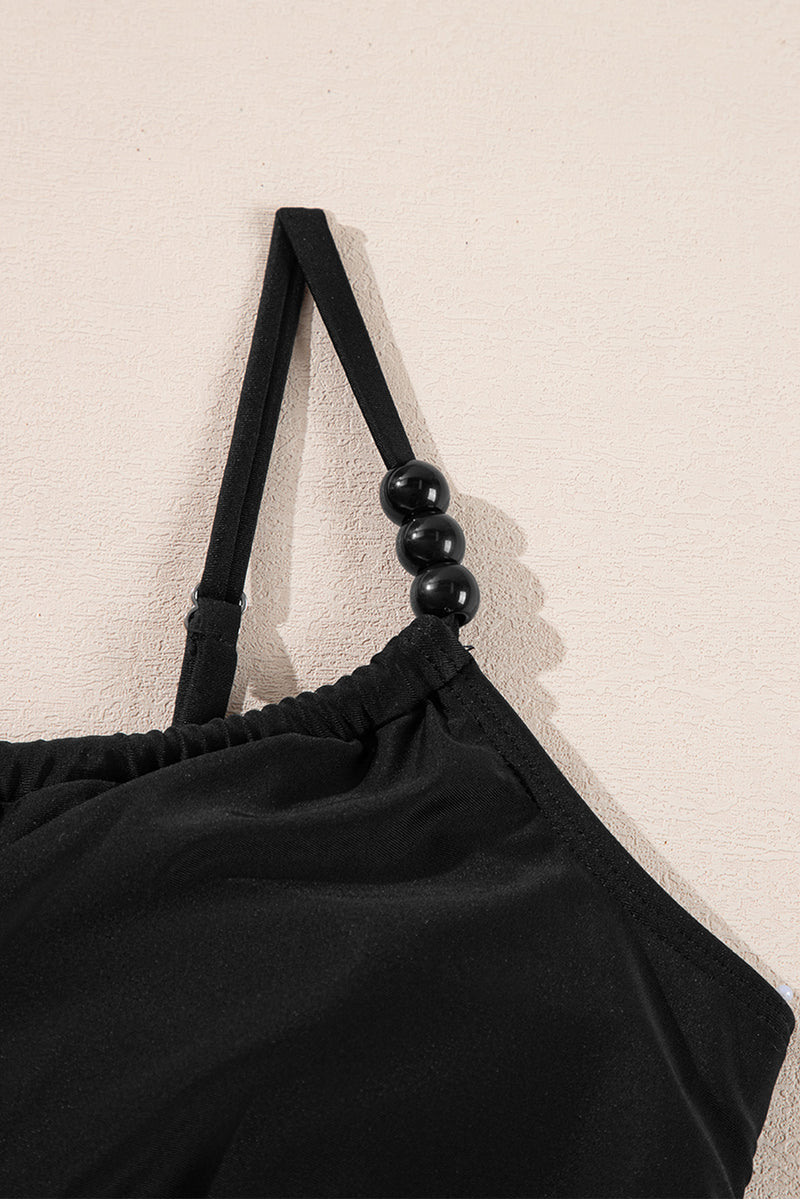 KaleaBoutique Beaded Spaghetti Straps Ruched Overlapped Colorblock One Piece Swimsuit - KaleaBoutique.com