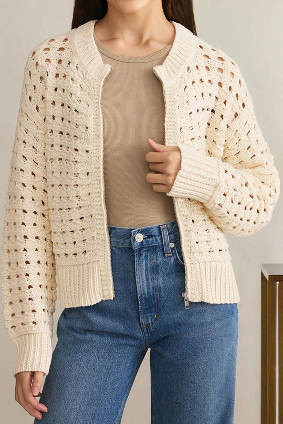 KaleaBoutique Stylish Hollowed Pattern Knit Zip Up Drop Shoulder Sweater Cardigan - KaleaBoutique.com