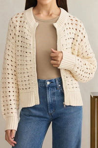 KaleaBoutique Stylish Hollowed Pattern Knit Zip Up Drop Shoulder Sweater Cardigan - KaleaBoutique.com