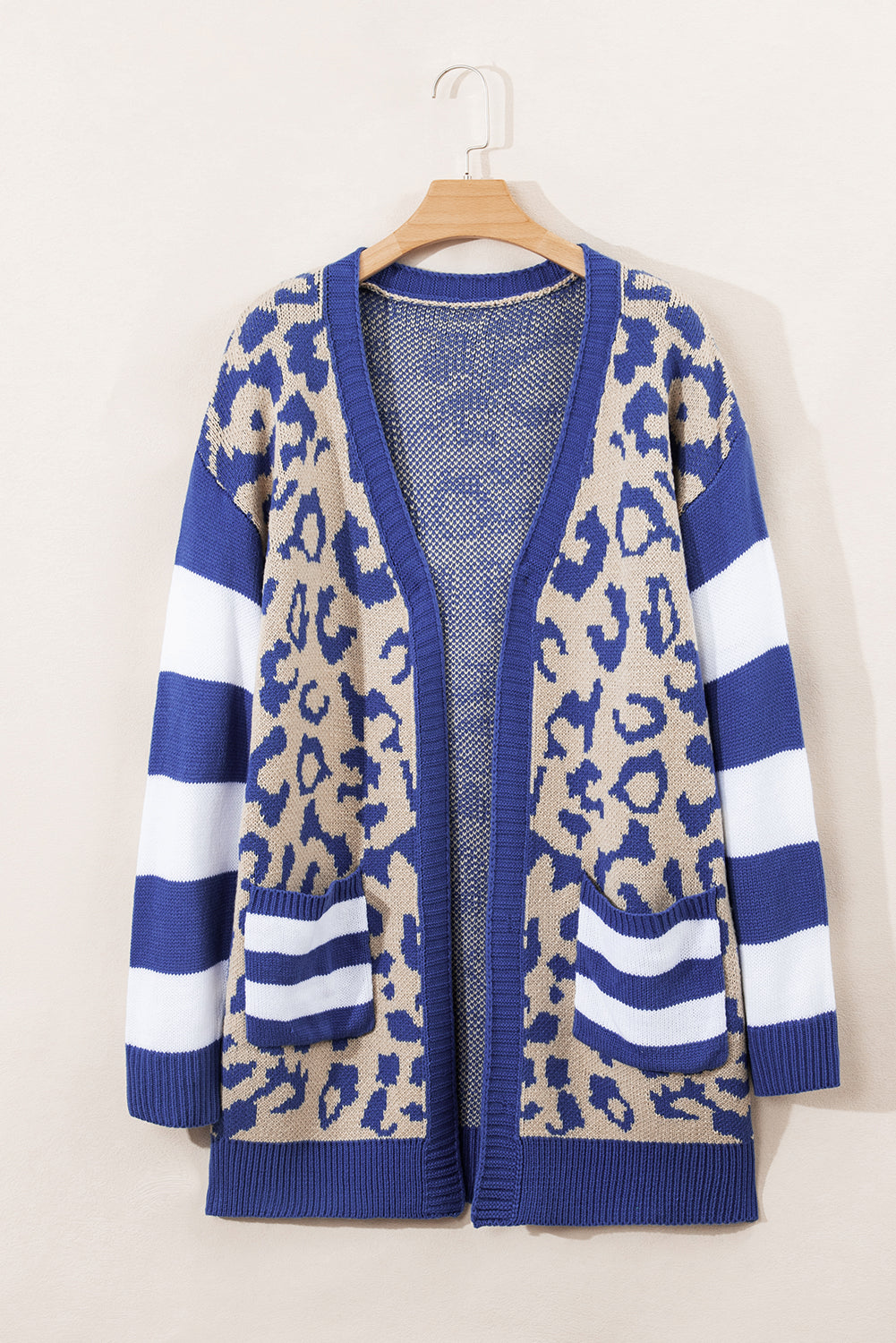 KaleaBoutique Stylish Stripe Sleeve Leopard Print Open Front Cardigan With Pockets - KaleaBoutique.com