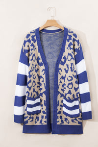 KaleaBoutique Stylish Stripe Sleeve Leopard Print Open Front Cardigan With Pockets - KaleaBoutique.com