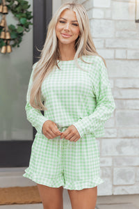 KaleaBoutique Stylish Gingham Long Sleeve Loose Top Drawstring Shorts 2pcs Lounge Set - KaleaBoutique.com