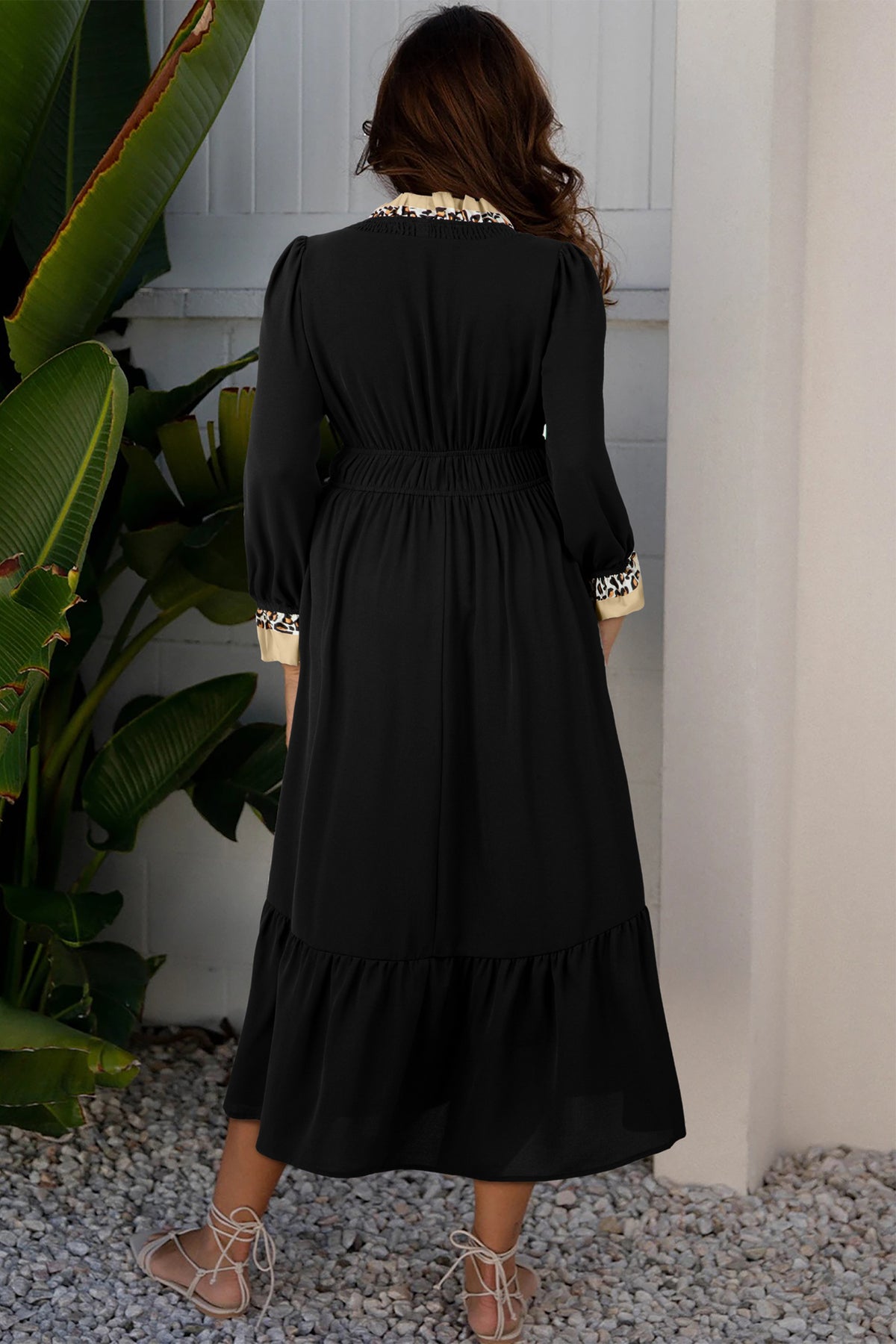 Contrast Leopard Frilled Trim V Neck Bracelet Sleeve Midi Dress - KaleaBoutique.com