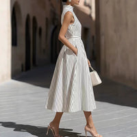 Women's Sleeveless High-Neck Striped Pleated Midi Dress with Pockets - KaleaBoutique.com