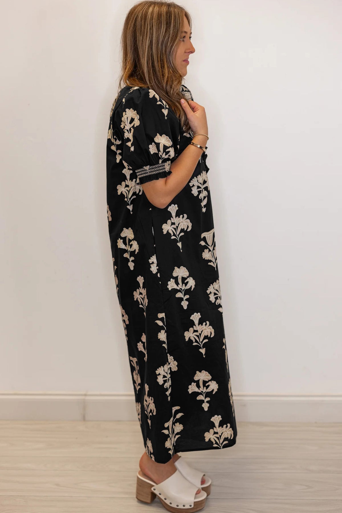 KaleaBoutique Comfortable Floral Print Frilled Collar Short Puff Sleeve Maxi Dress - KaleaBoutique.com