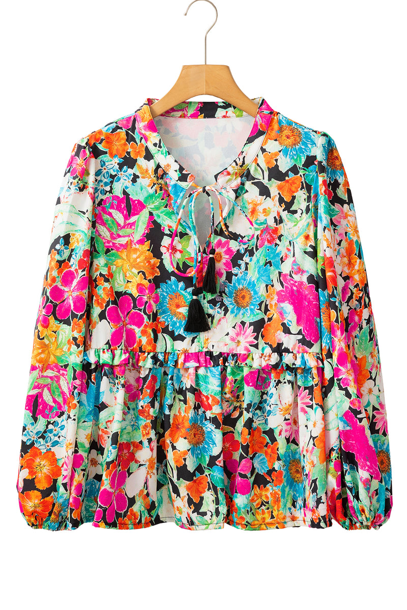KaleaBoutique Floral Print Bubble Sleeve V Neck Ruffled Blouse - KaleaBoutique.com