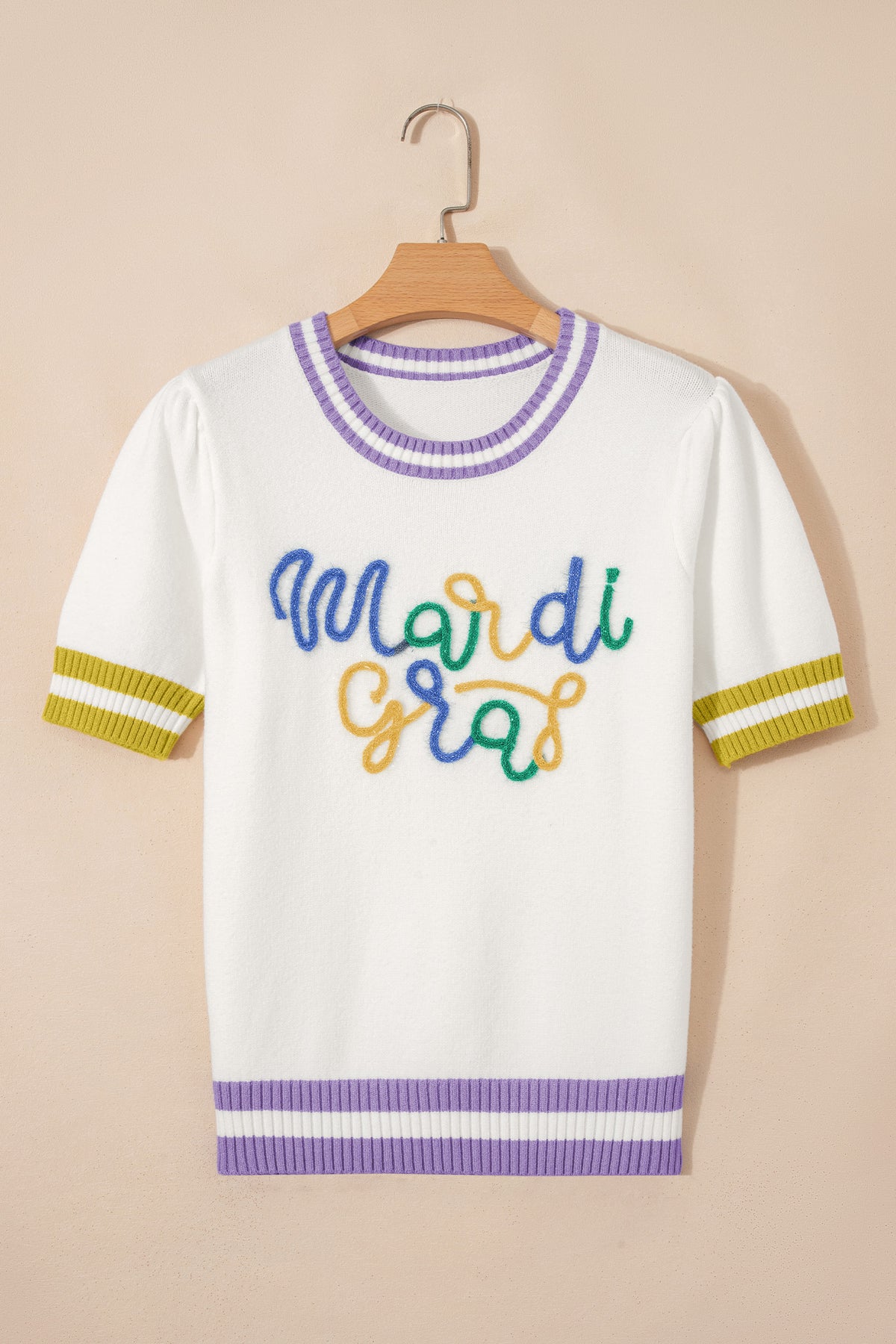 KaleaBoutique Comfortable Mardi Gras Tinsel Letter Graphic Short Sleeve Sweater - KaleaBoutique.com