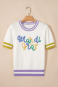 KaleaBoutique Comfortable Mardi Gras Tinsel Letter Graphic Short Sleeve Sweater - KaleaBoutique.com