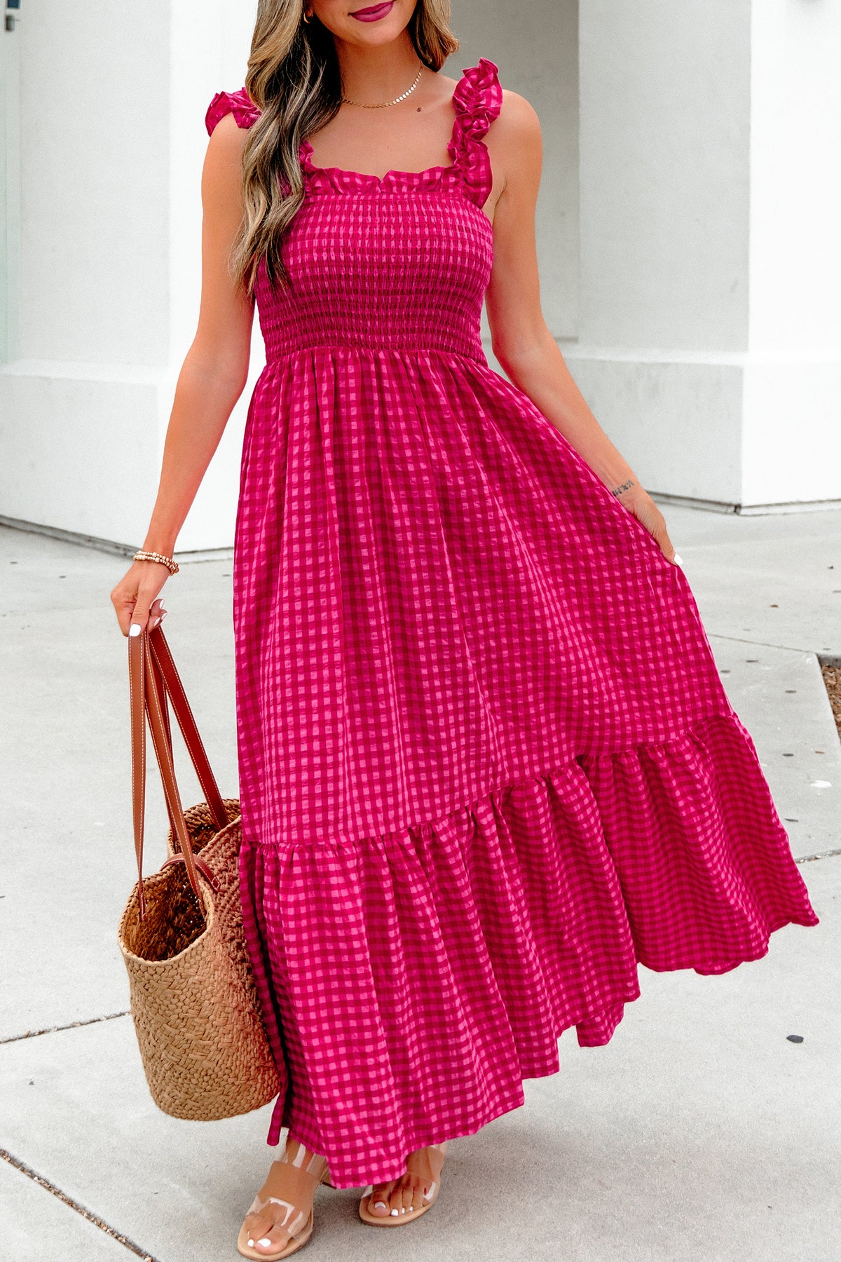 KaleaBoutique Comfortable Plaid Square Neck Fit-and-flared Vacation Sundress - KaleaBoutique.com