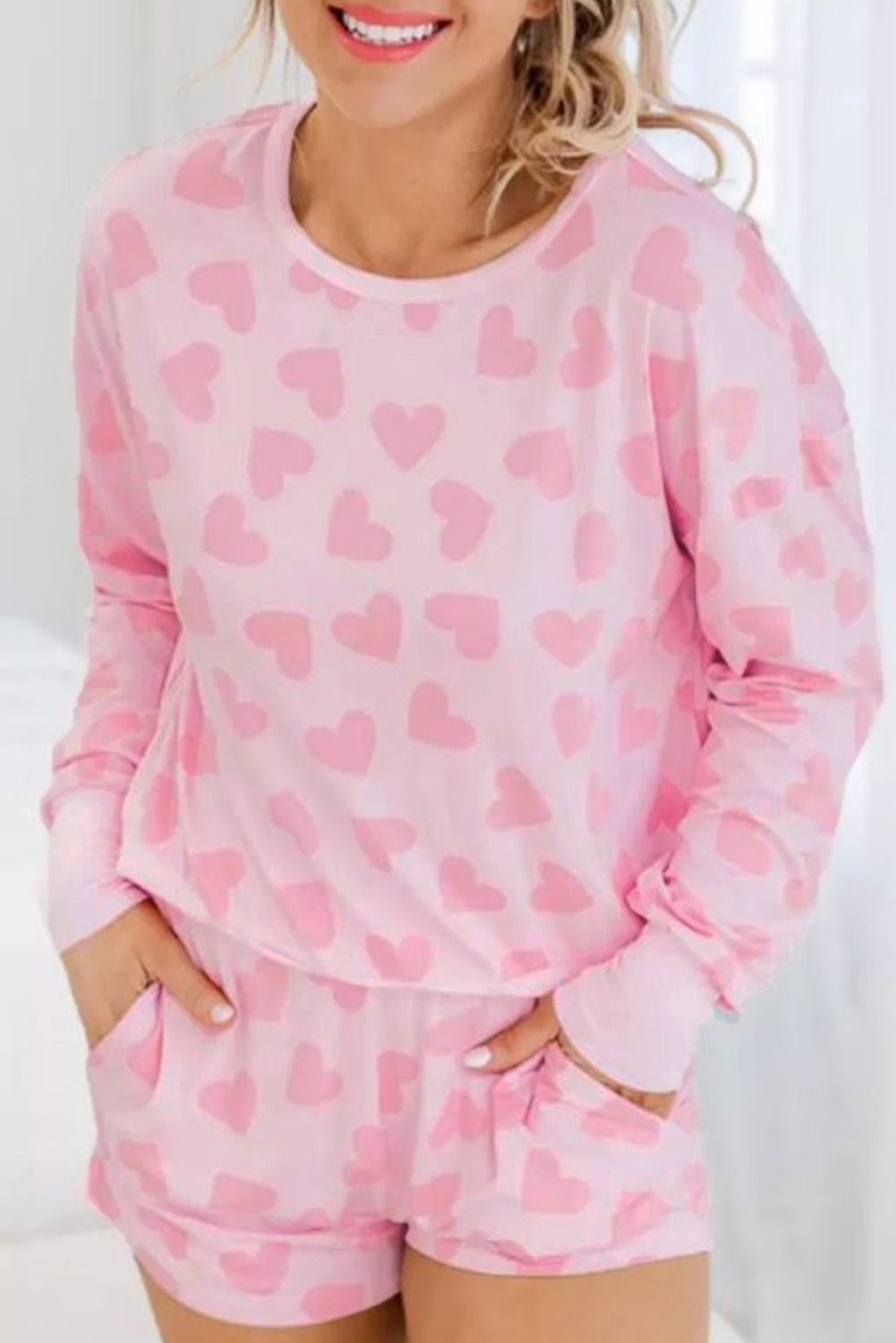 KaleaBoutique Comfortable Valentine Heart Shape Print Long Sleeve Top Shorts Lounge Set - KaleaBoutique.com