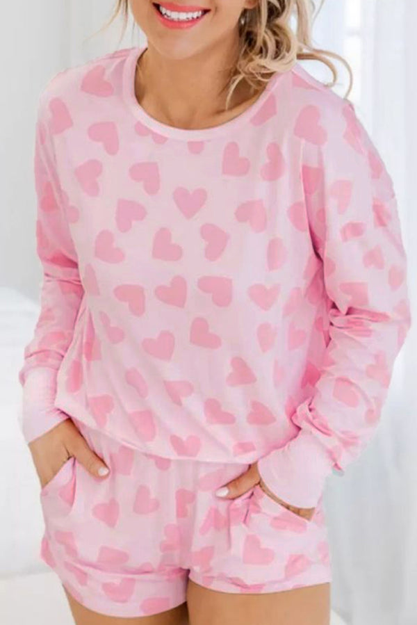 KaleaBoutique Comfortable Valentine Heart Shape Print Long Sleeve Top Shorts Lounge Set - KaleaBoutique.com