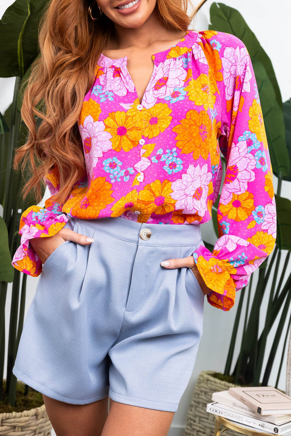 KaleaBoutique Floral Print Flounce Sleeve Notched Neck Blouse - KaleaBoutique.com
